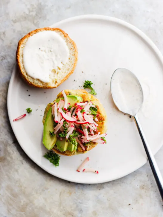 Romanesco Veggie Burger with Herby Lemony Radish Slaw | A vegetarian, gluten-free, low-carb, paleo romanesco veggie burger topped with a herby lemony radish slaw. An easy, weeknight veggie burger meal.