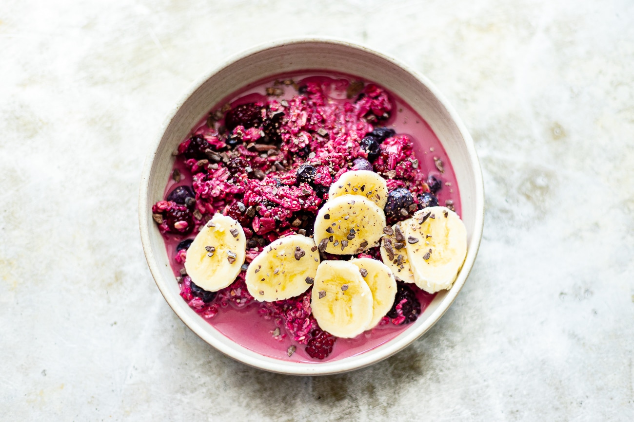 berry overnight oats in a bowl
